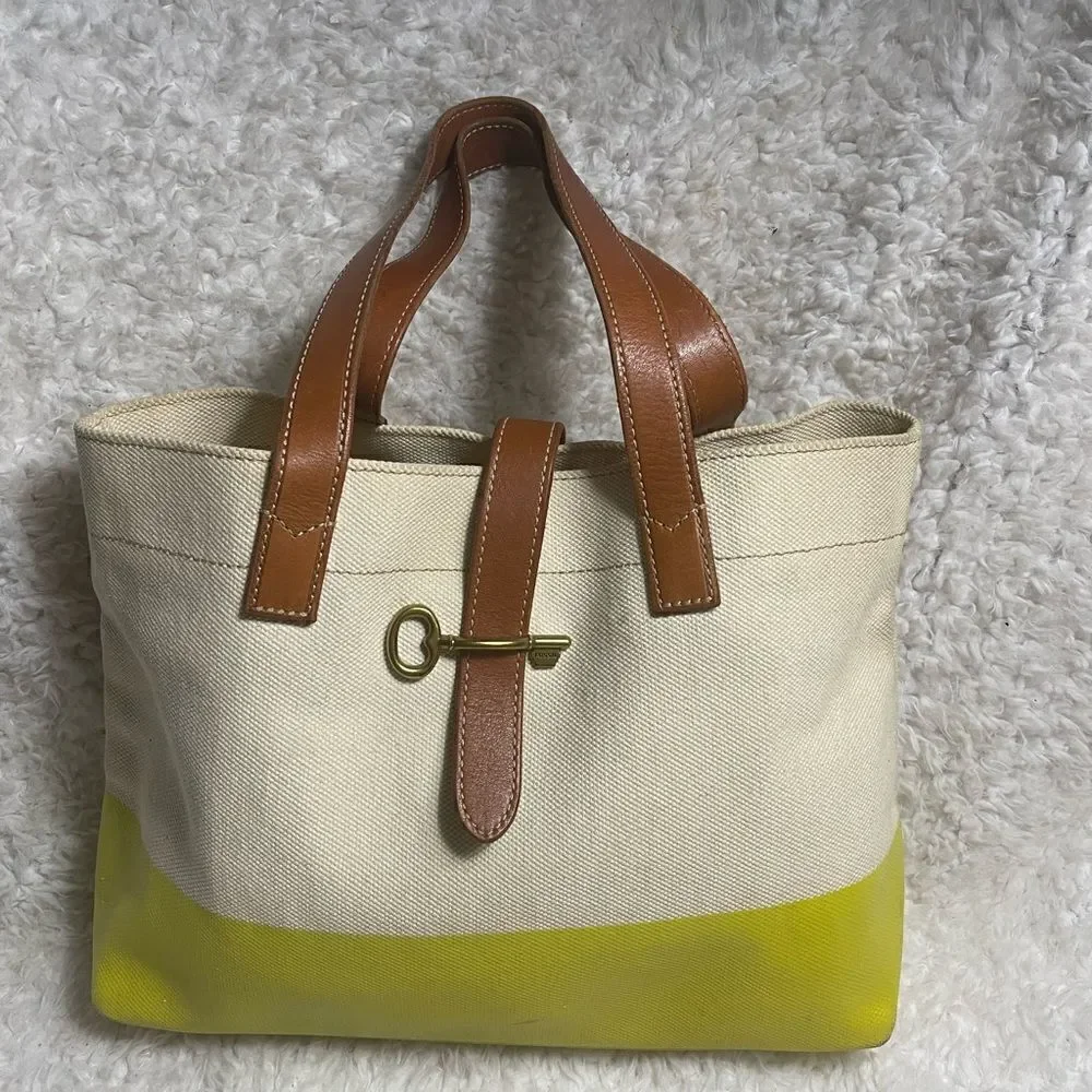 Fossil Beige canvas & neon green coated Tote  leather tan straps & brass key